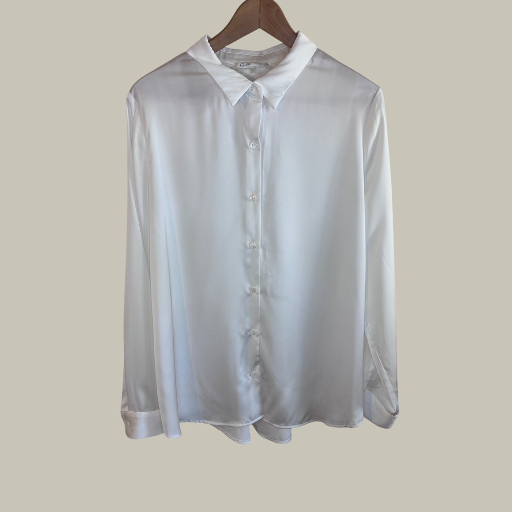 Rielle White Satin Button Down Long Sleeve Blouse Office Minimalist Womens XL